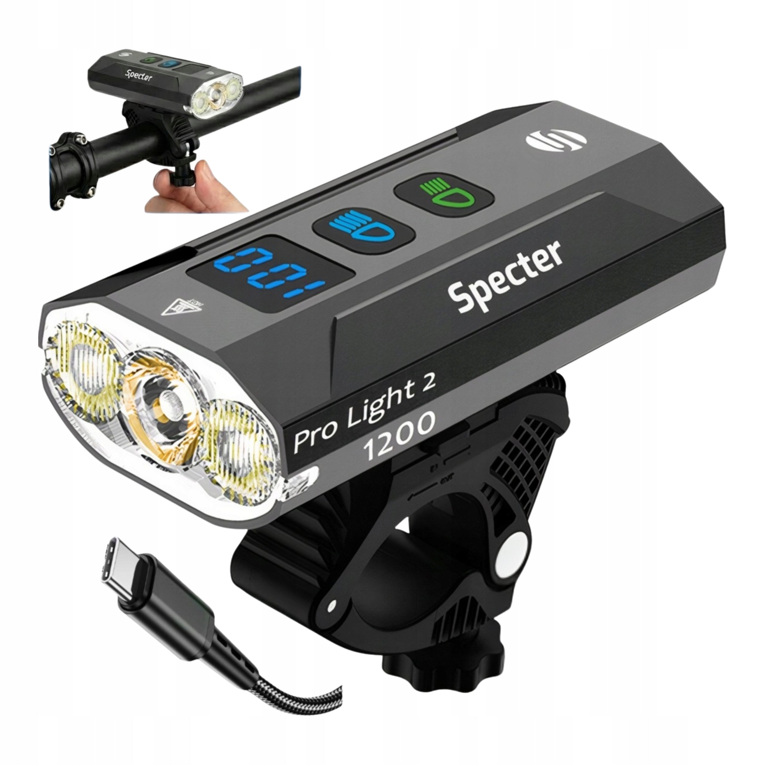 BICYCLE LIGHT SPECTER PRO LIGHT 2 USB 1200LM POWERBANK IPX65 13 MODES