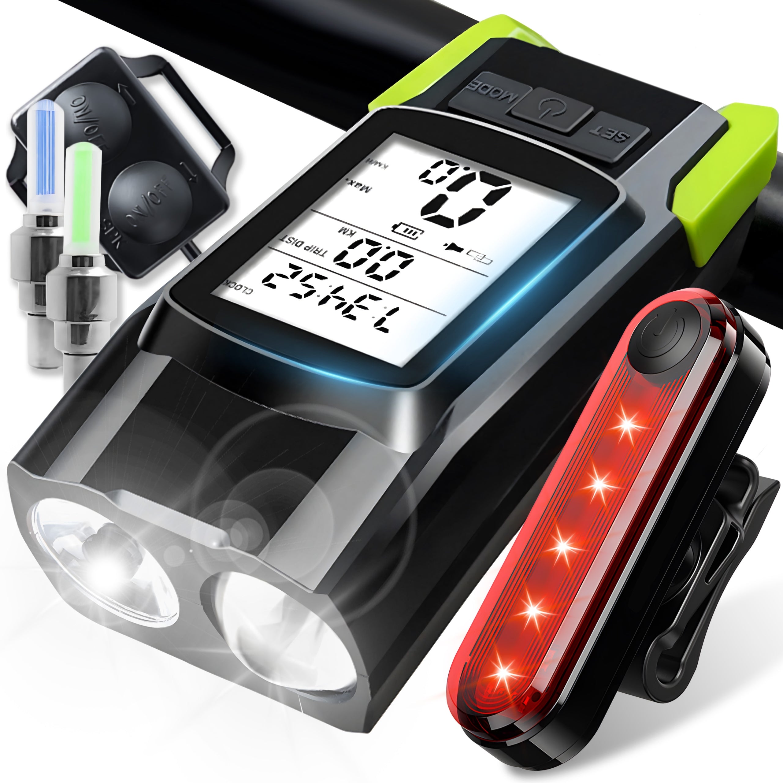 BICYCLE LIGHT STRONG LED FRONT REAR BICYCLE + LED VALVE + REMOTE CONTROL BELL