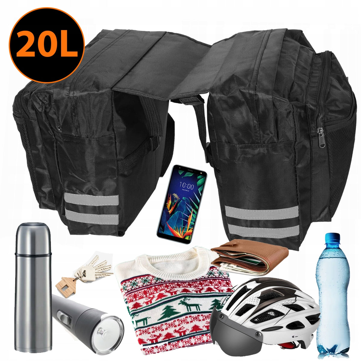 BICYCLE POUCH BAG FOR BIKE RACK DOUBLE LARGE ROOMY + REFLECTORS Kind rear