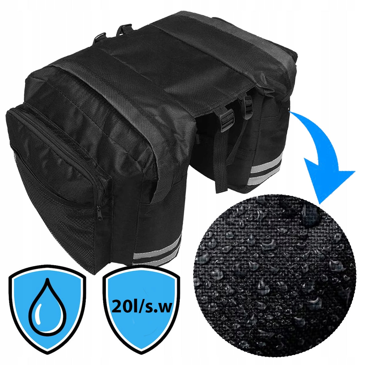 BICYCLE POUCH BAG FOR BIKE RACK DOUBLE LARGE ROOMY + REFLECTORS Model Torba rowerowa na bagażnik