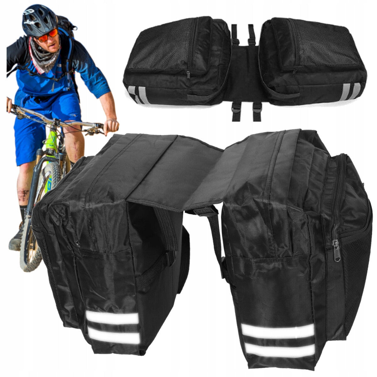 BICYCLE POUCH BAG FOR BIKE RACK DOUBLE LARGE ROOMY + REFLECTORS