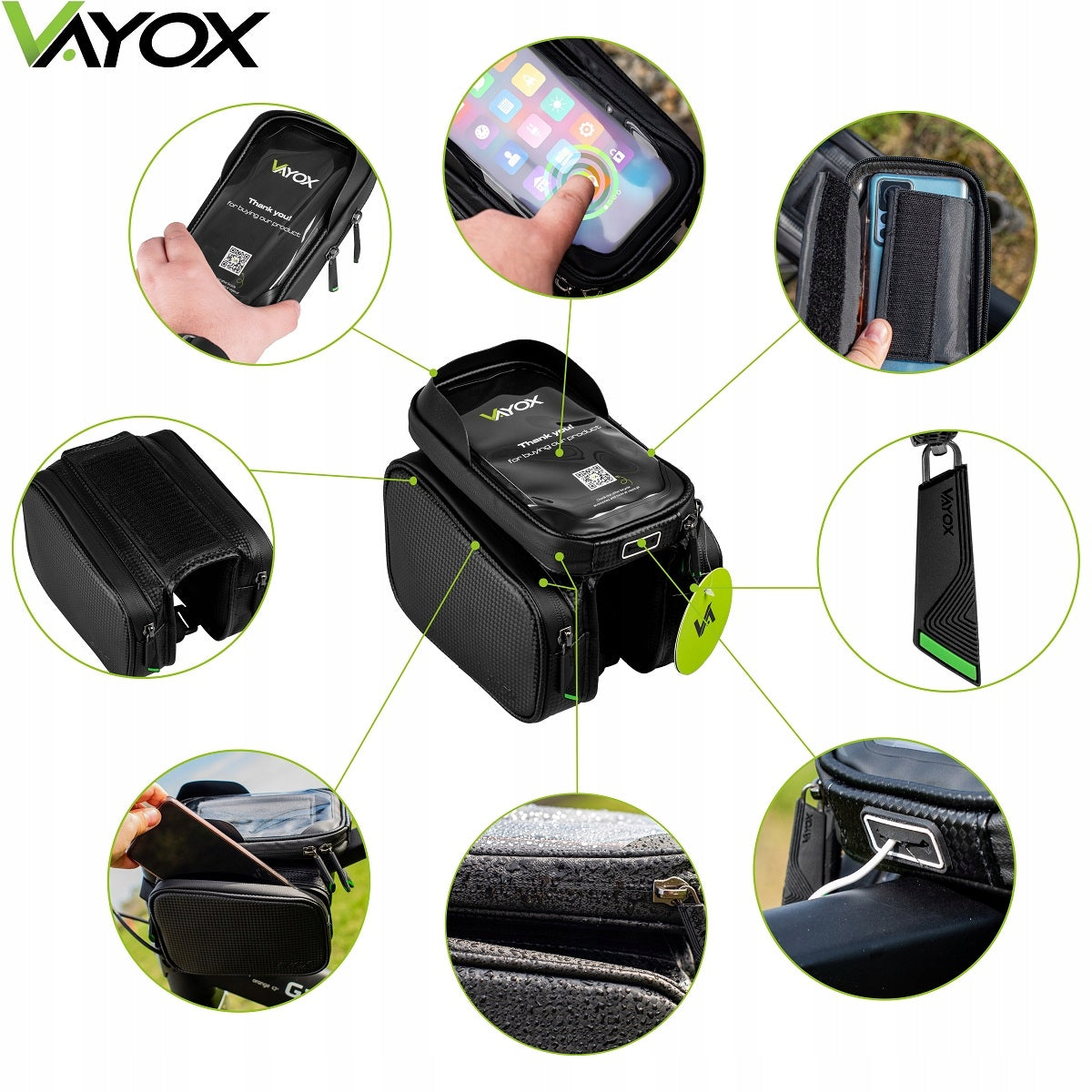 BICYCLE POUCH FRAME BAG WITH PHONE CASE WATERPROOF VELCRO 1,8L VAYOX Brand Vayox