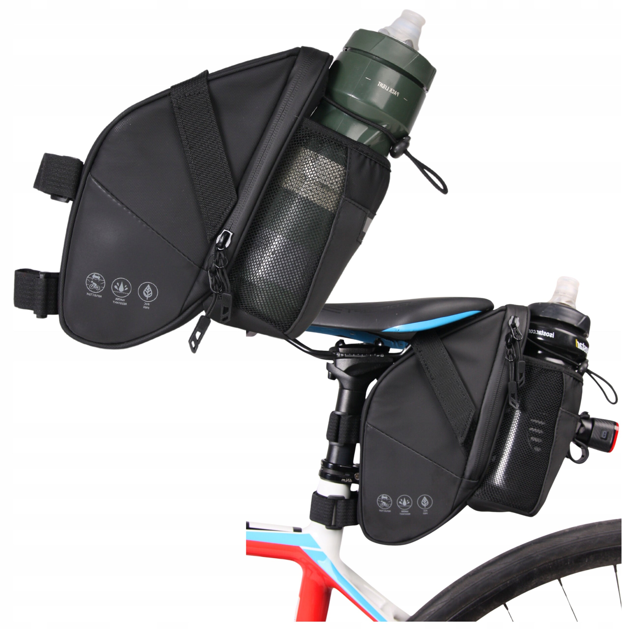 BICYCLE POUCH UNDER SADDLE WATER BOTTLE HOLDER BAG ROOMY WATERPROOF ZIPPER Color black
