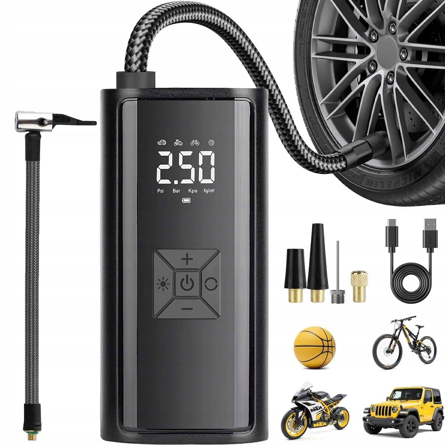 BICYCLE PUMP ELECTRIC CAR COMPRESSOR POWERBANK 9000mAh FLASHLIGHT