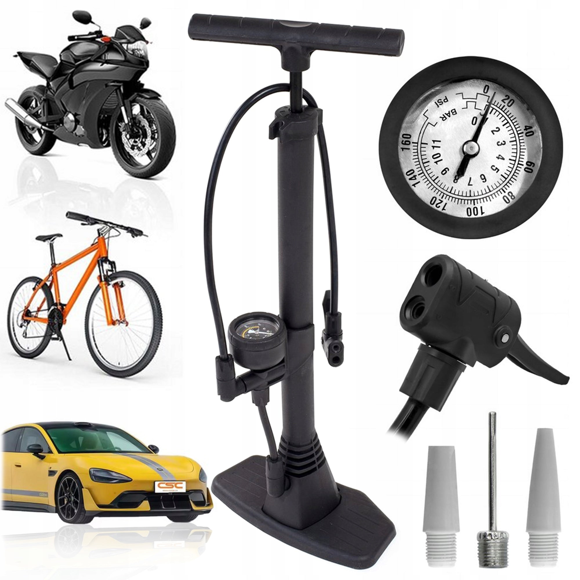 BICYCLE PUMP WITH MANUAL PRESSURE GAUGE FOR BICYCLE CAR BALLS FLOOR Packaging status original