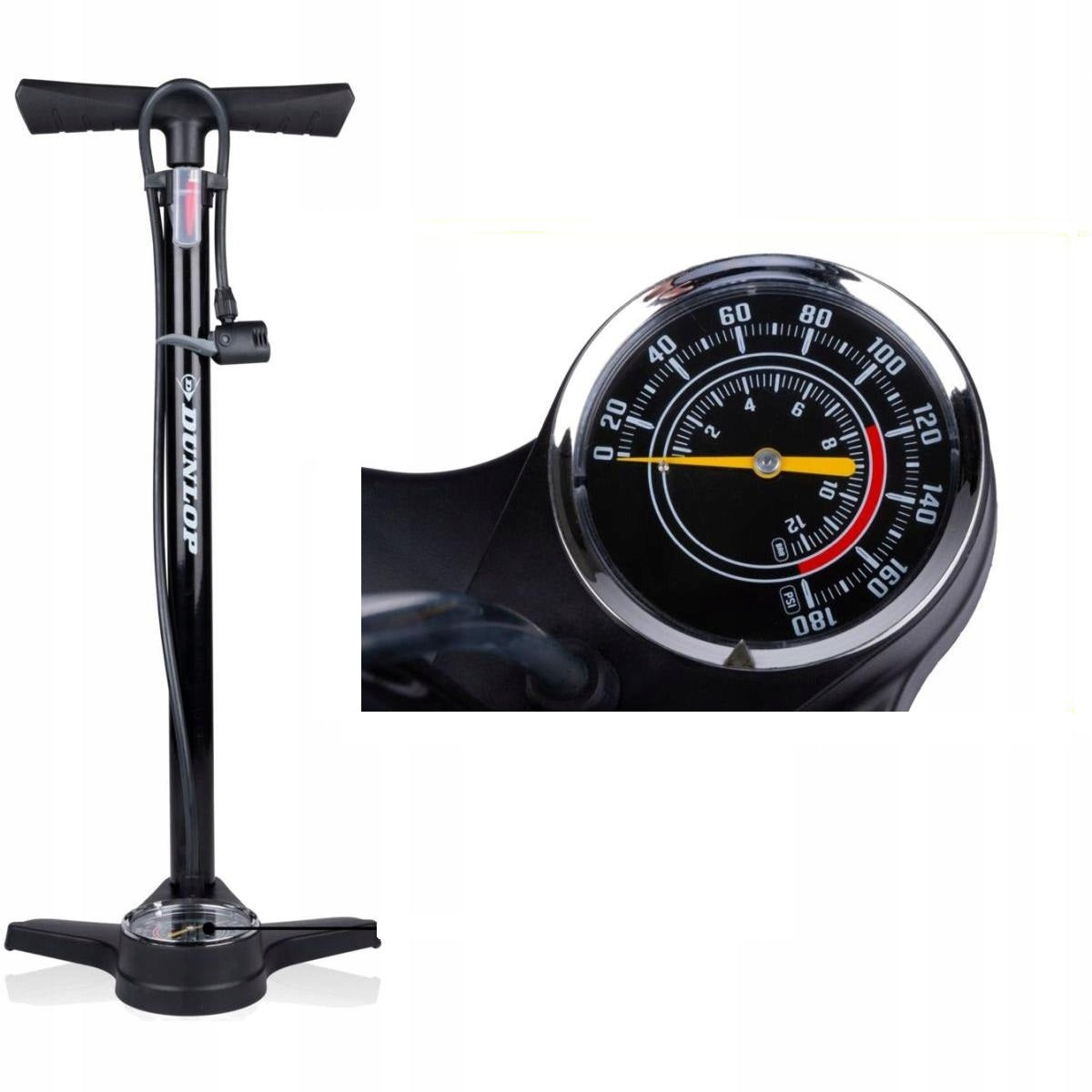 BICYCLE PUMP WITH PRESSURE GAUGE 12BAR CAR FLOOR WORKSHOP DUNLOP