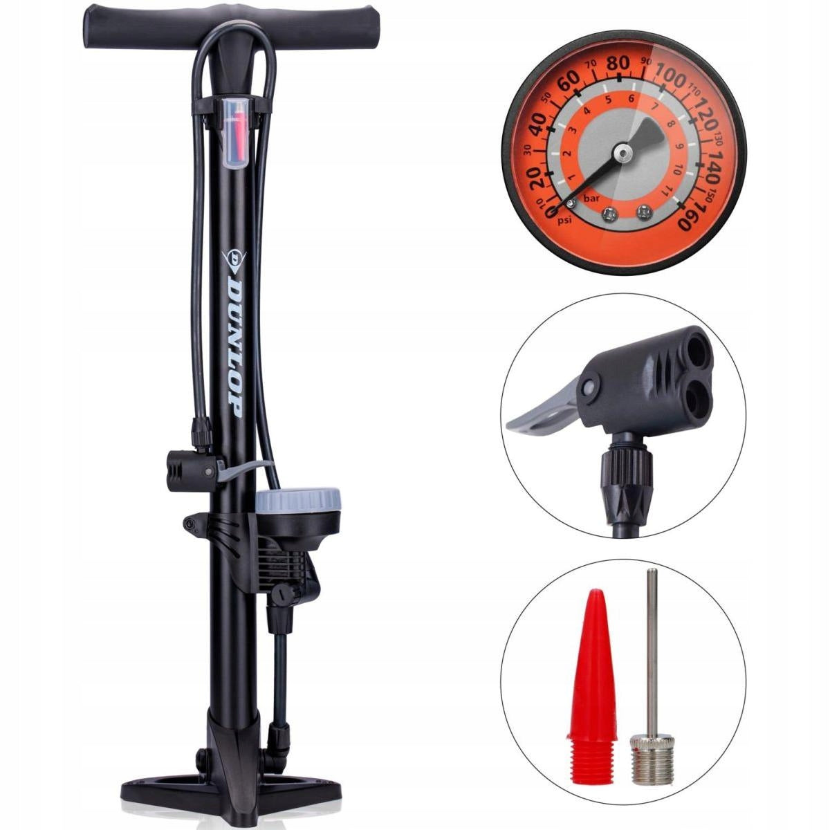 BICYCLE PUMP WITH PRESSURE GAUGE 16BAR CAR FLOOR WORKSHOP DUNLOP