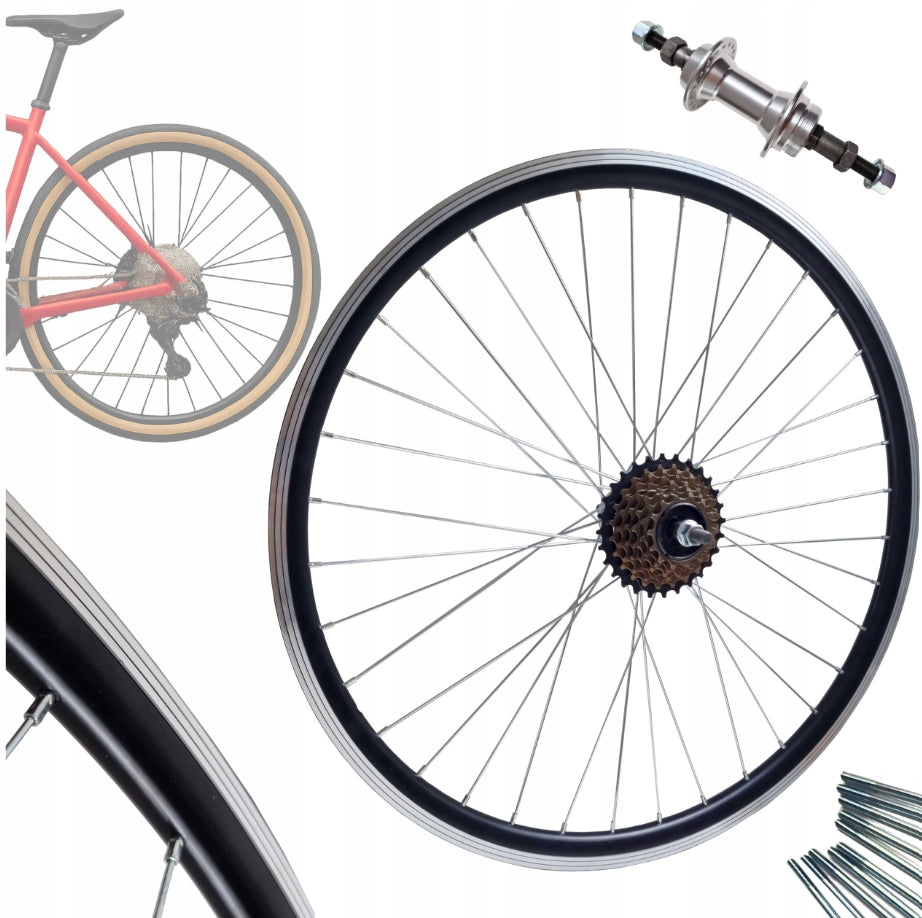 BICYCLE WHEEL REAR 28/29 INCHES + FREEWHEEL 7-ROW BLACK V-BRAKE ALU