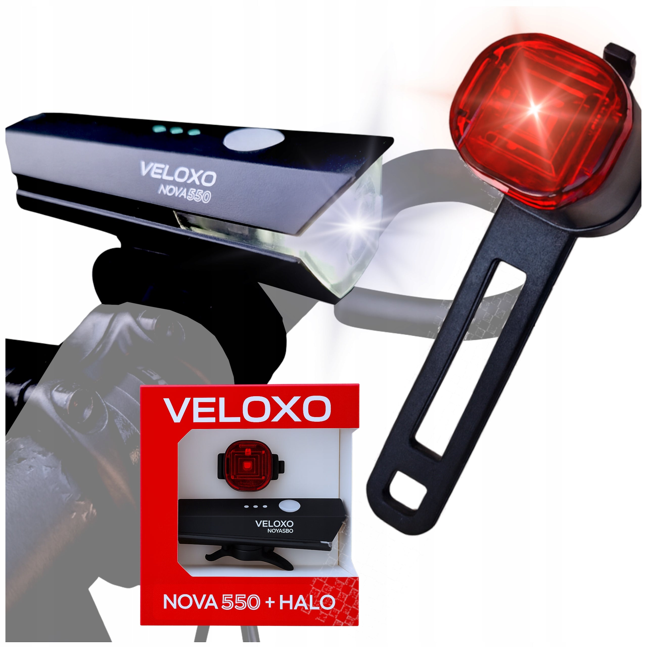 BIKE LIGHT 550LM LED front and rear POWERFUL VELOXO Nova USB RECHARGEABLE