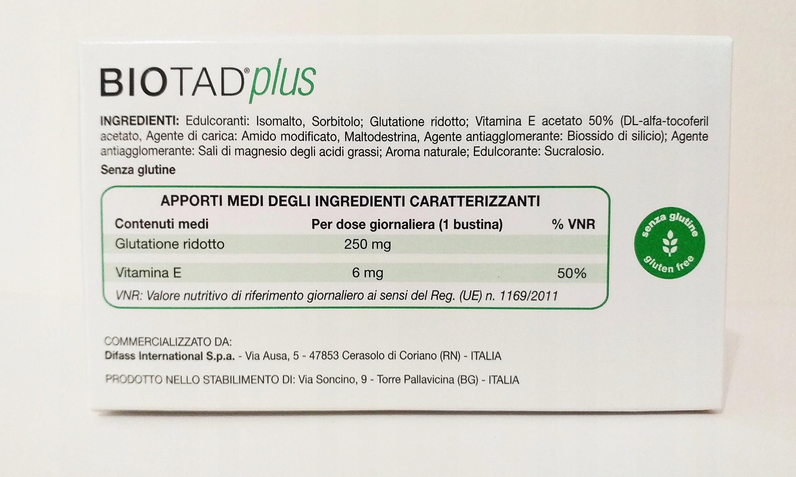 BIOTAD PLUS ITALIAN GLUTATHIONE 250mg SACHETS - SUBLINGUAL METHOD Manufacturer code A933415097