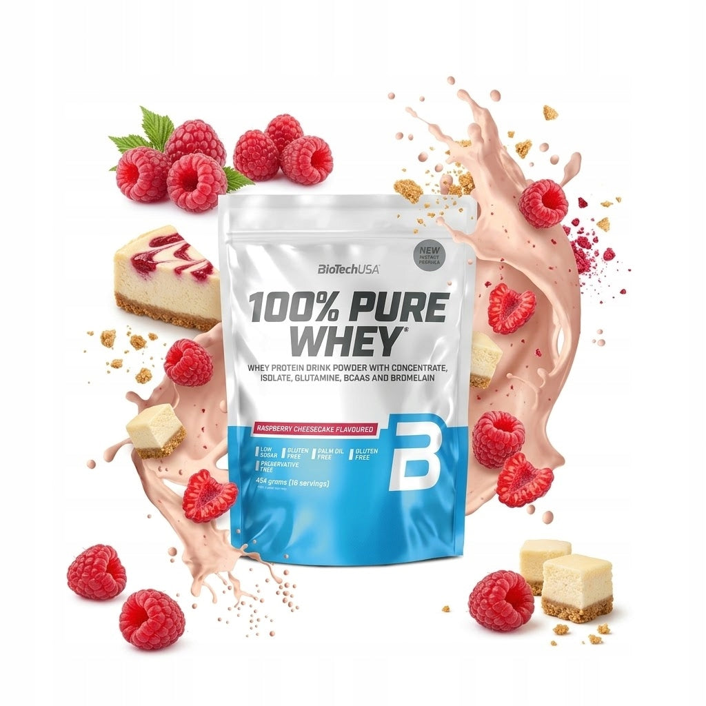 BIOTECH USA 100% PURE WHEY 454g WPC CONCENTRATE FLAVOUR: RASPBERRY CHEESECAKE