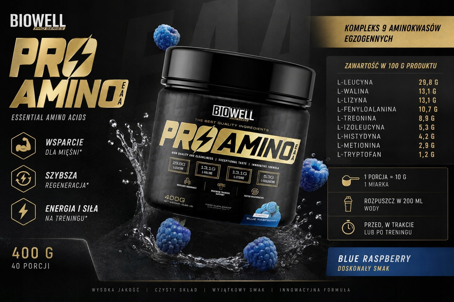 BIOWELL pRO AMINO EAA 400 g Blue Raspberry Exogenous Amino Acid Complex Expiration date at least 1 year from the date of purchase