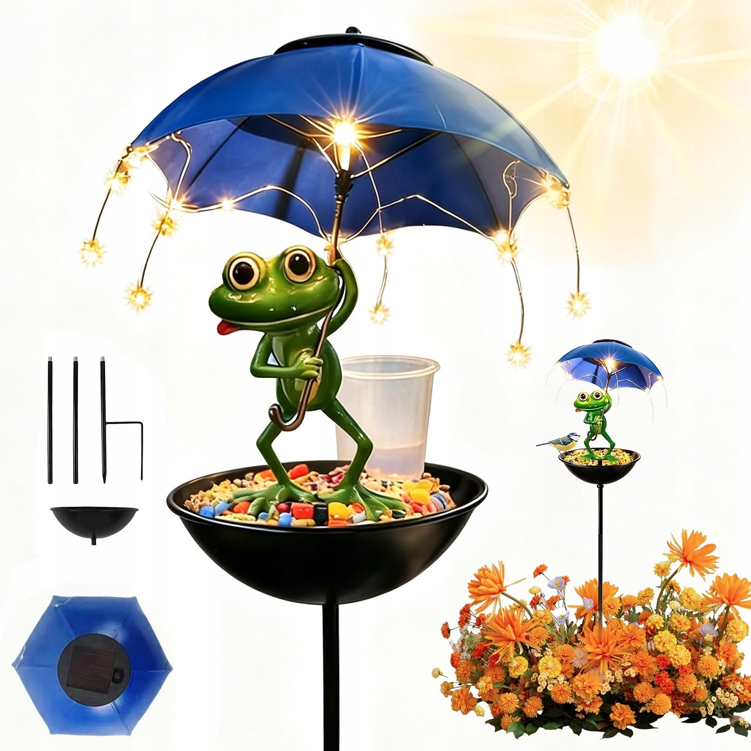 BIRD DRINKER FROG SOLAR UMBRELLA LED GARDEN LAMP TERRACE