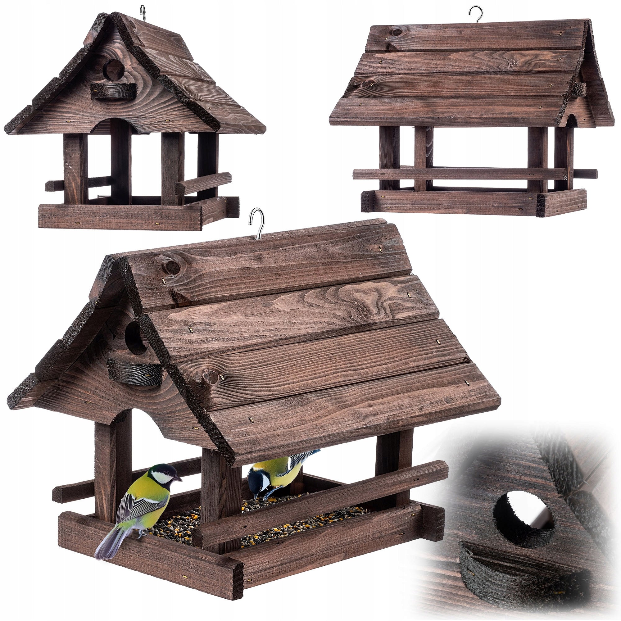 BIRD FEEDER LARGE PREMIUM WOODEN HANGING HOUSE BOOTH GIFT BROWN