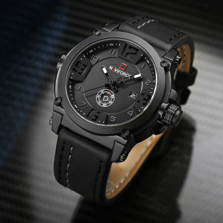 BLACK LEATHER MEN'S WRISTWATCH SPORTS MILITARY FOR GUY LEATHER Packaging status original