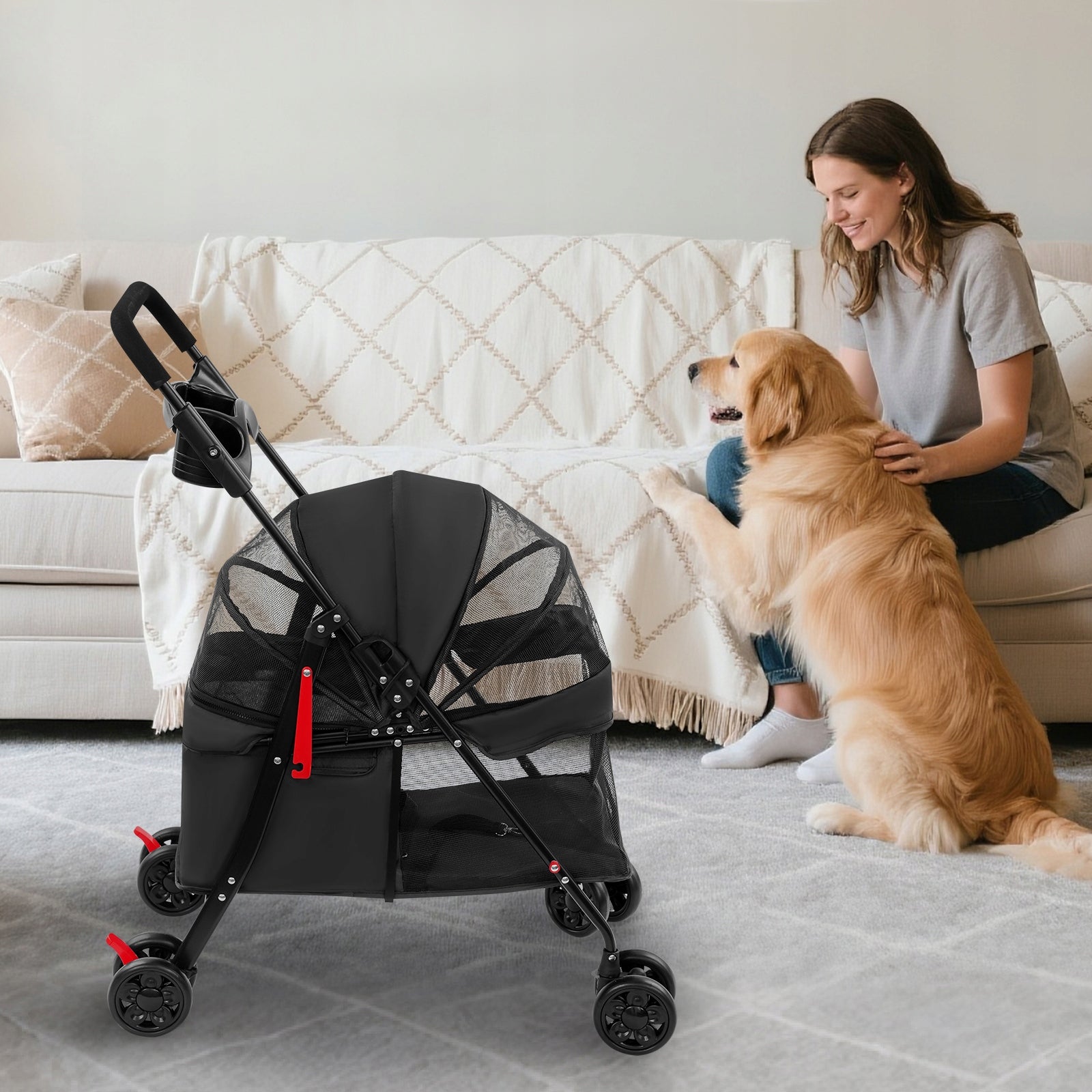 BLACK PET STROLLER FOR HOME AND OUTINGS - FOLDABLE Maximum animal weight 18 kg
