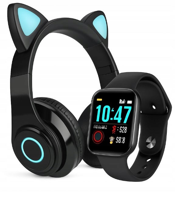 BLACK SMARTWATCH + BLACK Cat Ear LED Headphones - Gaming Kit Packaging status original