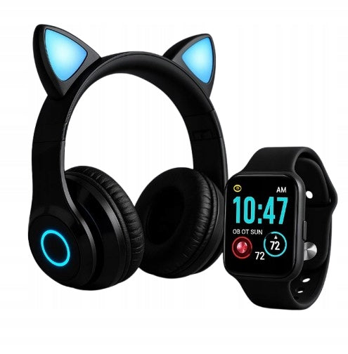 BLACK SMARTWATCH + BLACK Cat Ear LED Headphones - Gaming Kit