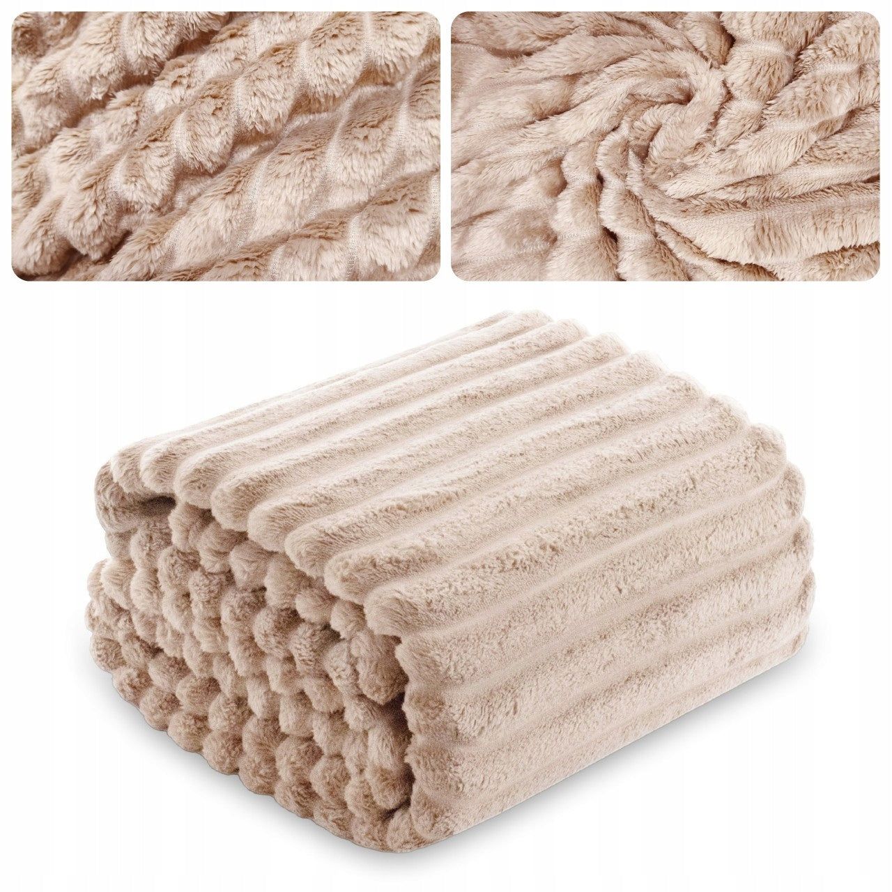 BLANKET bedspread with stripes embossed cap for sofa 200x220 LIGHT BEIGE NUVIO
