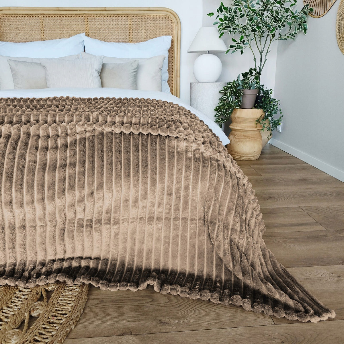BLANKET bedspread with stripes embossed kapa plaid 160x200 DARK BEIGE NUVIO Packaging status original
