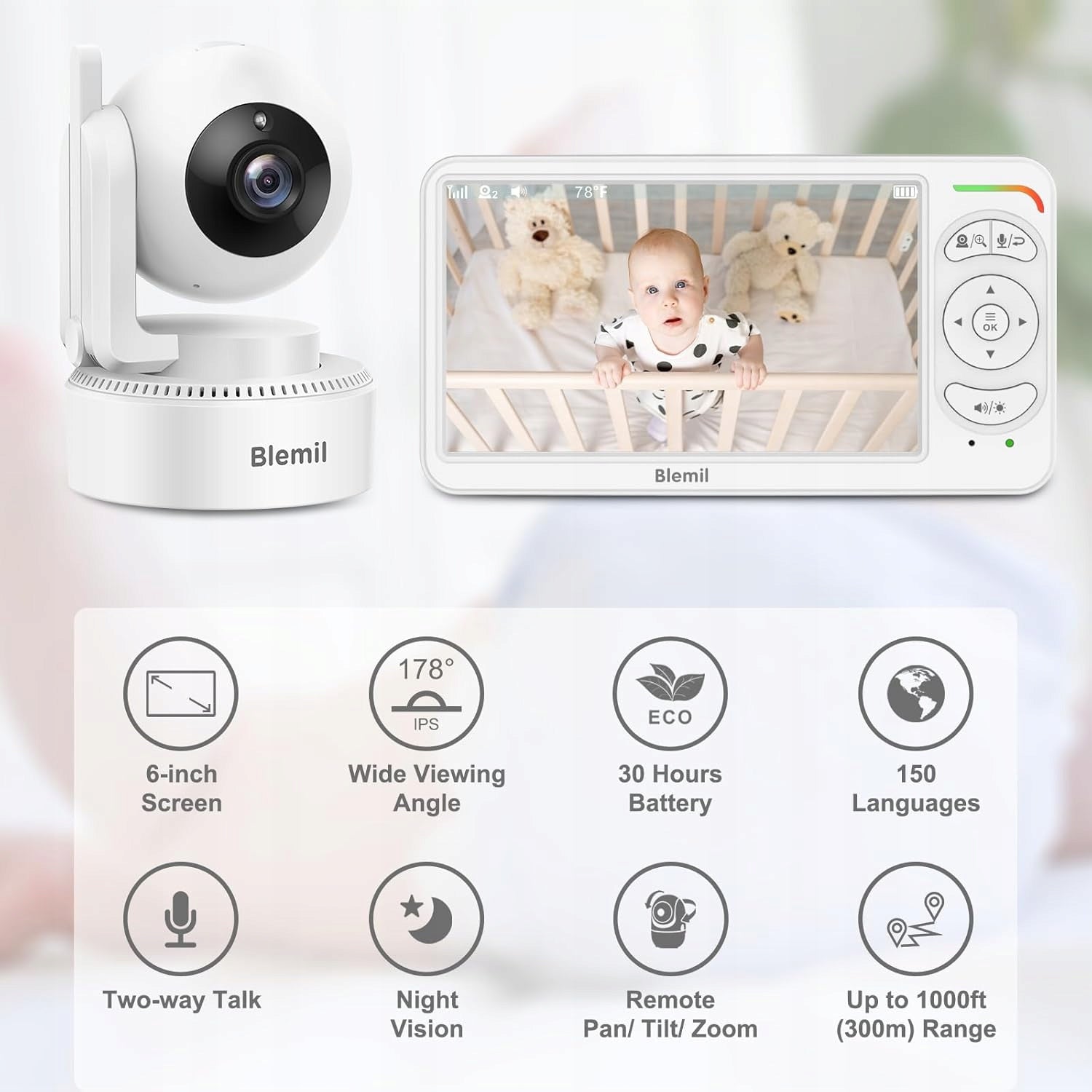 BLEMIL Baby Monitor Audio Camera 6'' Screen 30h ECO Battery Manufacturer code BL9064
