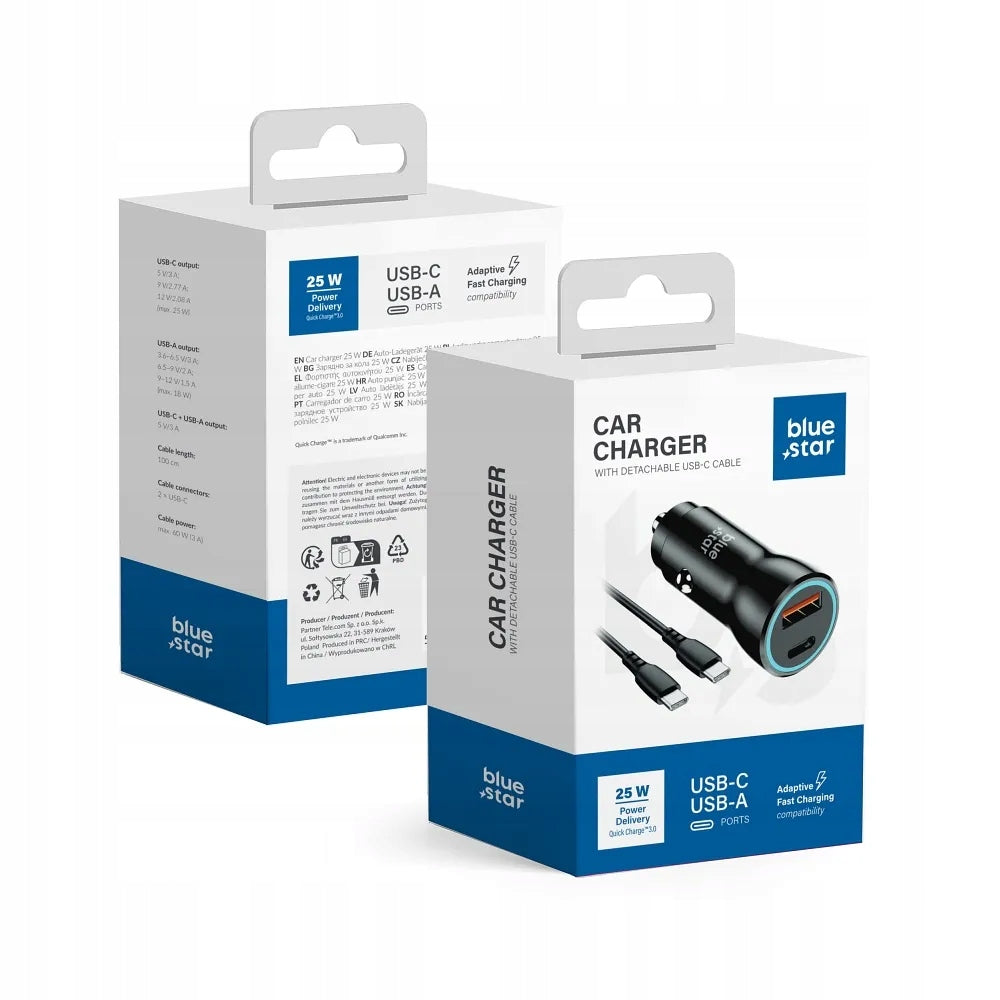 BLUE STAR Car Charger 3A 25W Type C + USB A + Type C to Type C Cable