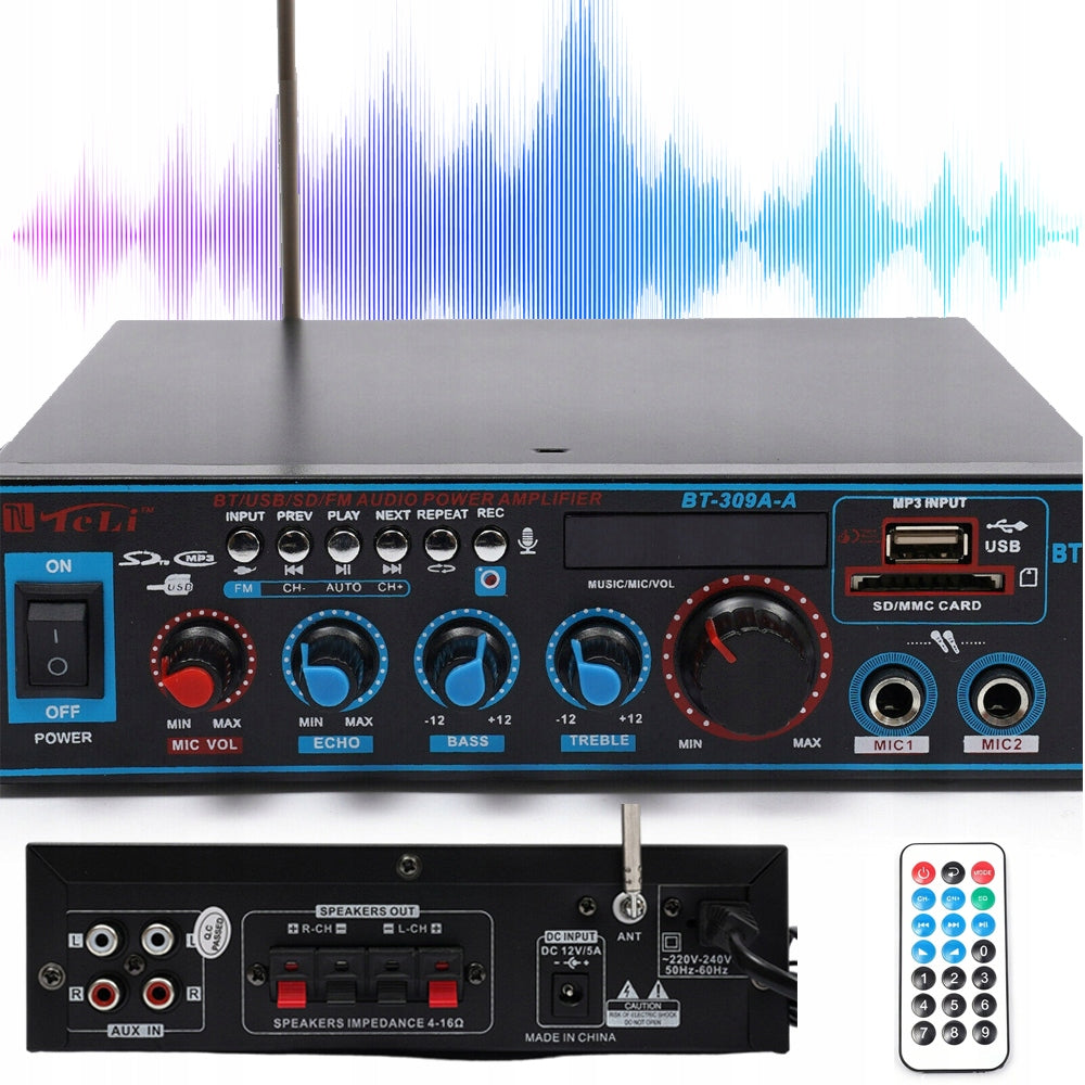 BLUETOOTH 400W STEREO AUDIO AMPLIFIER WITH TWO MICROPHONE INPUTS