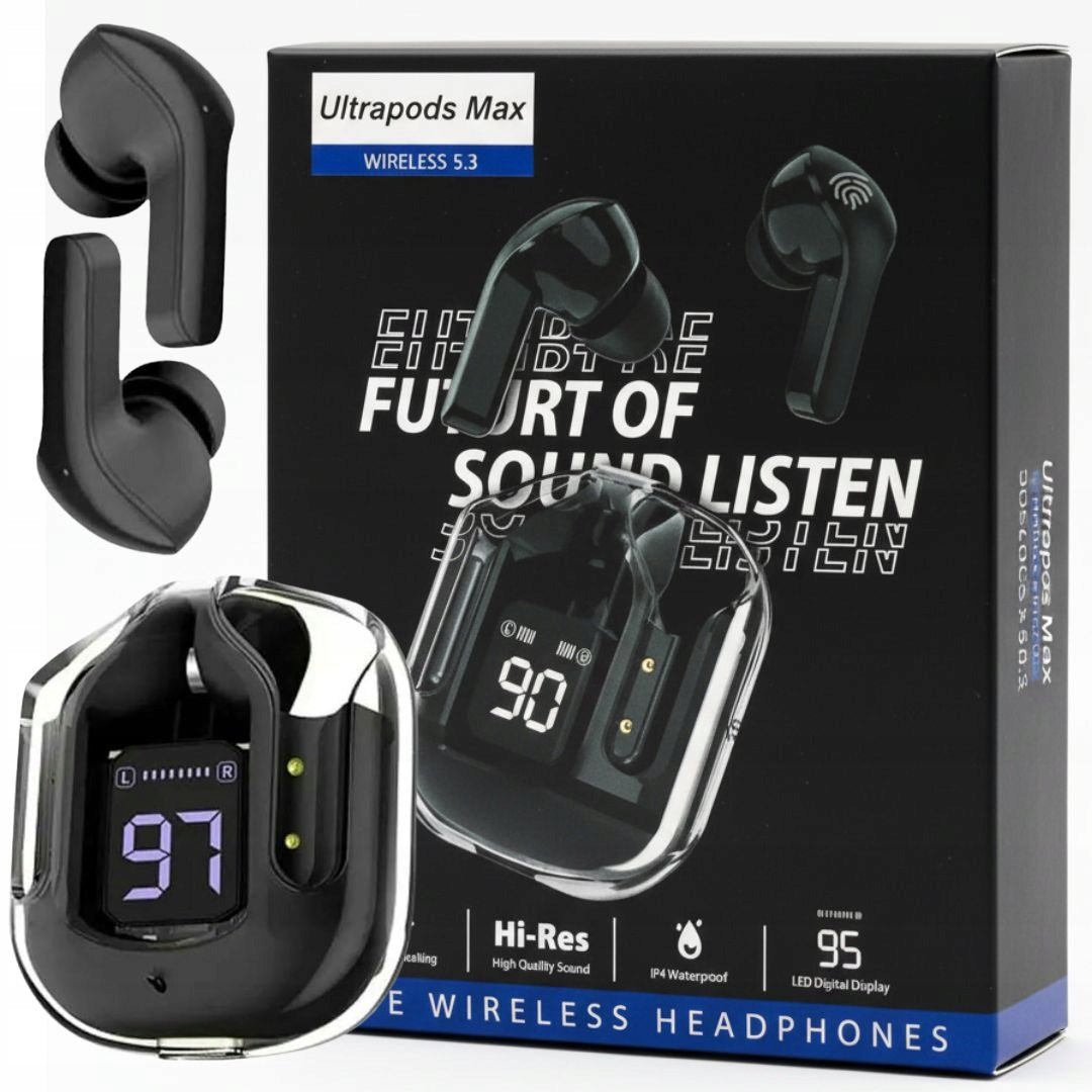 BLUETOOTH 5.3 EARBUDS - TRANSPARENT ULTRAPODS MAX- BLACK CLEAR