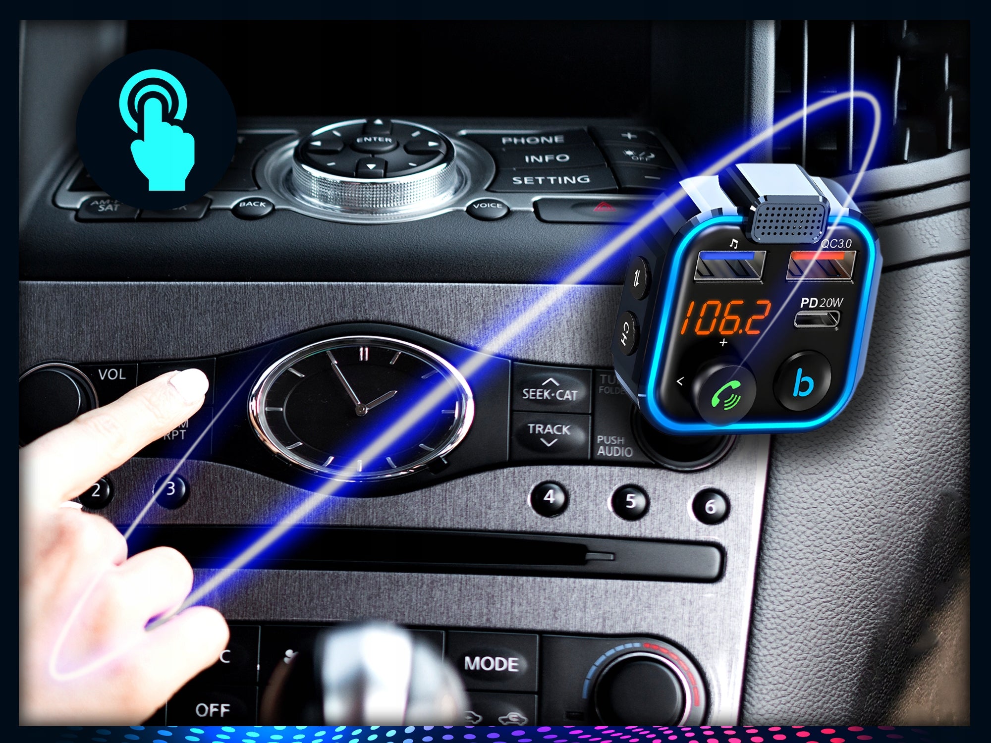 BLUETOOTH CAR FM TRANSMITTER 3x USB ADAPTER FAST MP3 RGB CHARGER Manufacturer code TRANSMITER BLUETOOTH FM SAMOCHODOWY INTMIX 01