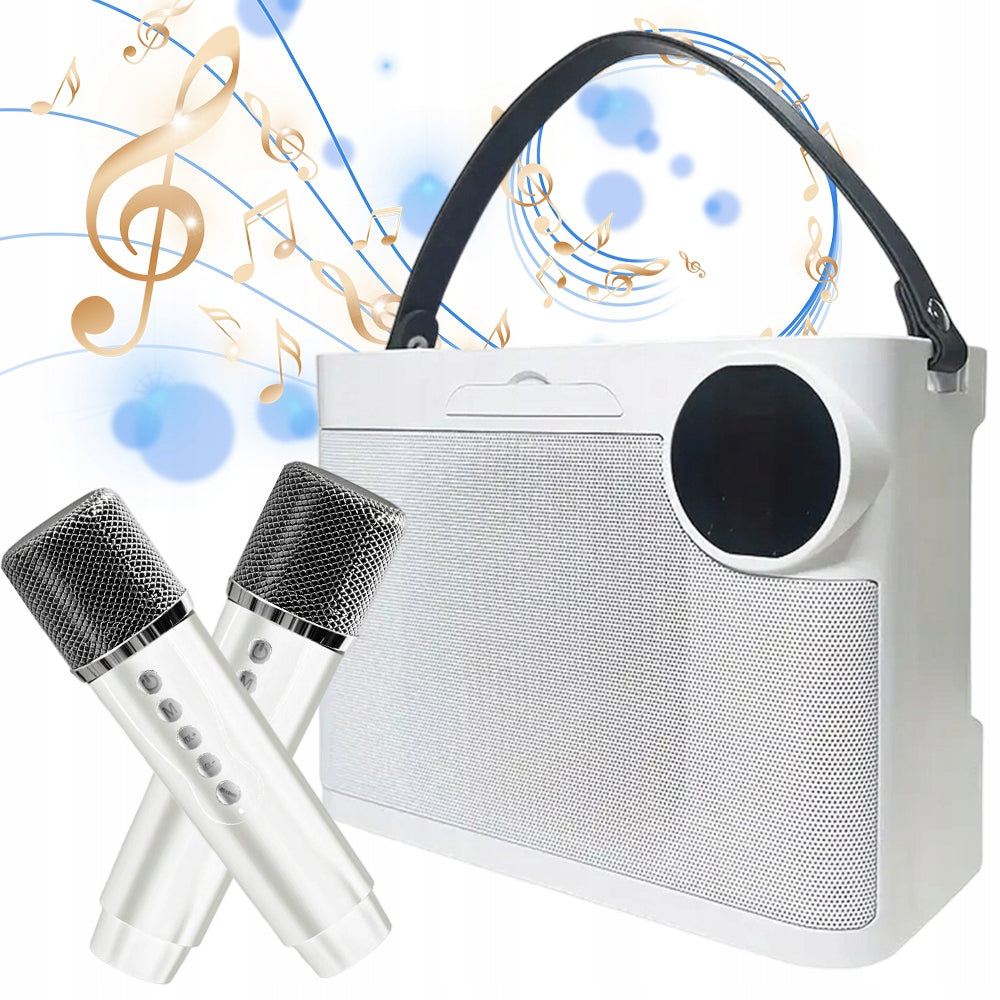 BLUETOOTH KARAOKE SET: SPEAKER, 2 MICROPHONES, EFFECTS, STRAP, WHITE 10W