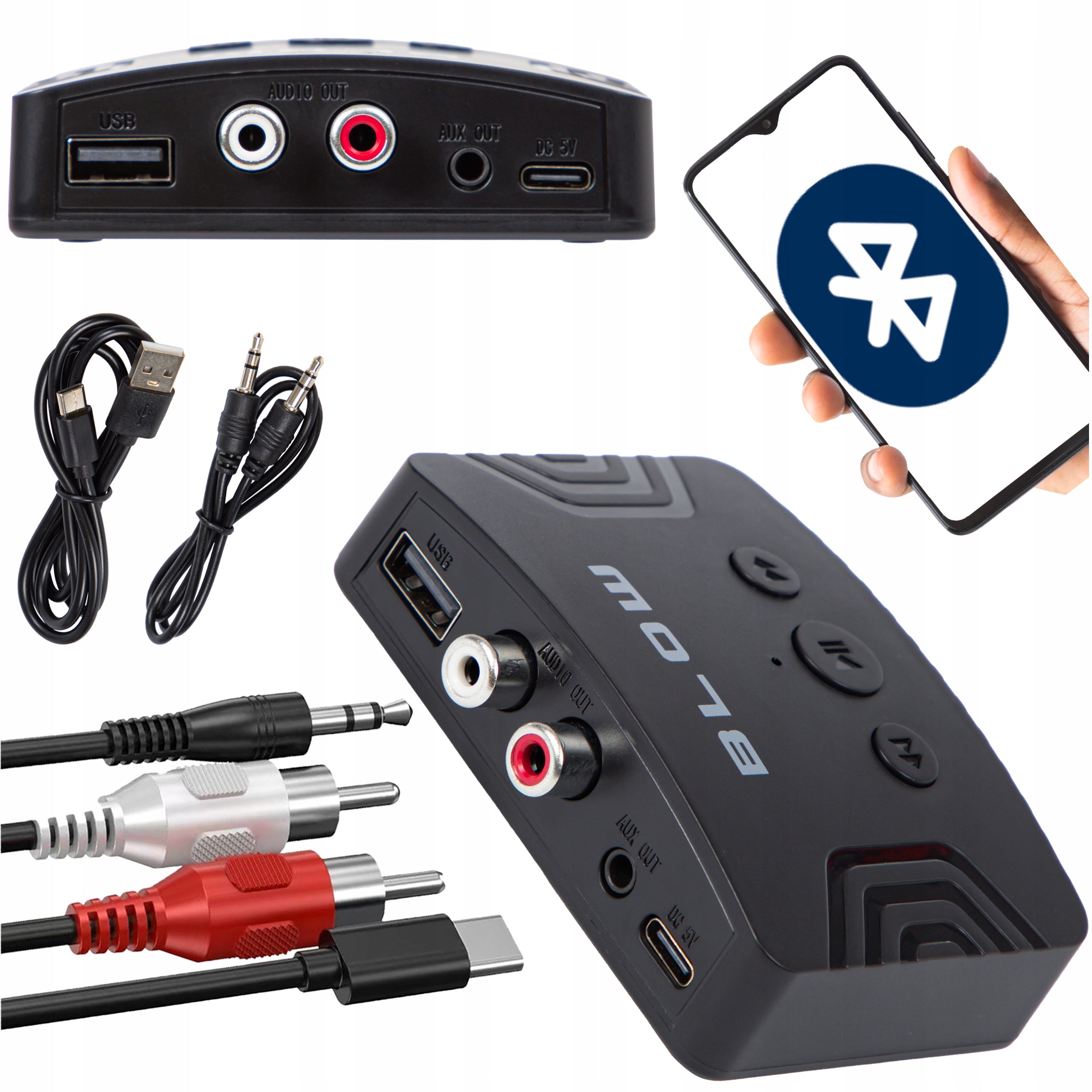 BLUETOOTH RECEIVER 5.3 AUX MINIJACK 3,5mm USB-C 2xRCA SET