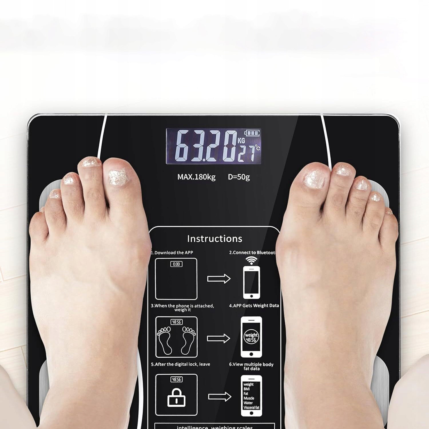 BLUETOOTH SCALE WITH MONITORING APP 0.1-180KG MUSCLE FAT MEASUREMENT Model Bluetooth Waga