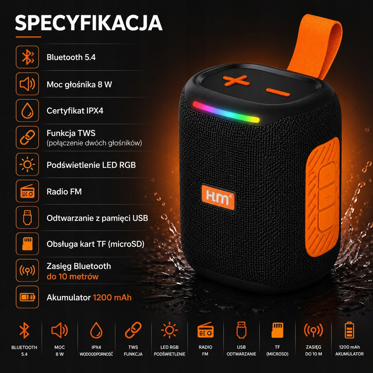 BLUETOOTH SPEAKER PORTABLE 8W TWS RGB IPX4 RADIO FM USB TF BT 5.4 Manufacturer code A6434