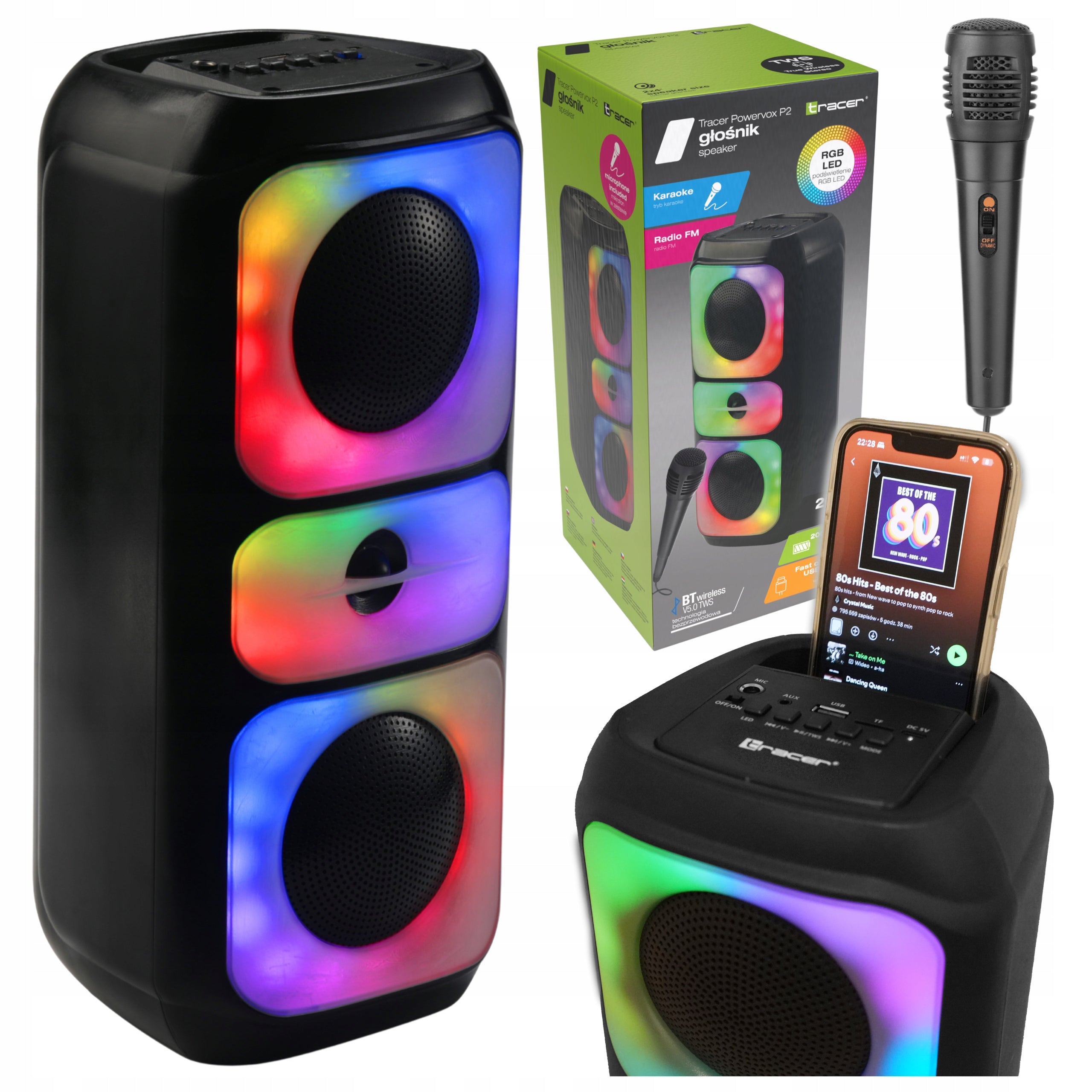 BLUETOOTH SPEAKER PORTABLE WIRELESS BOOMBOX USB KARAOKE RGB 20W