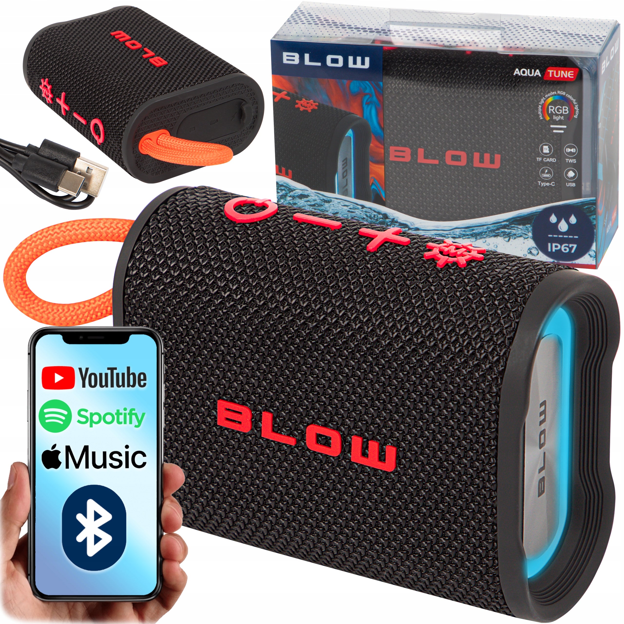BLUETOOTH SPEAKER PORTABLE WIRELESS WATERPROOF IP67 RADIO FM USB RGB