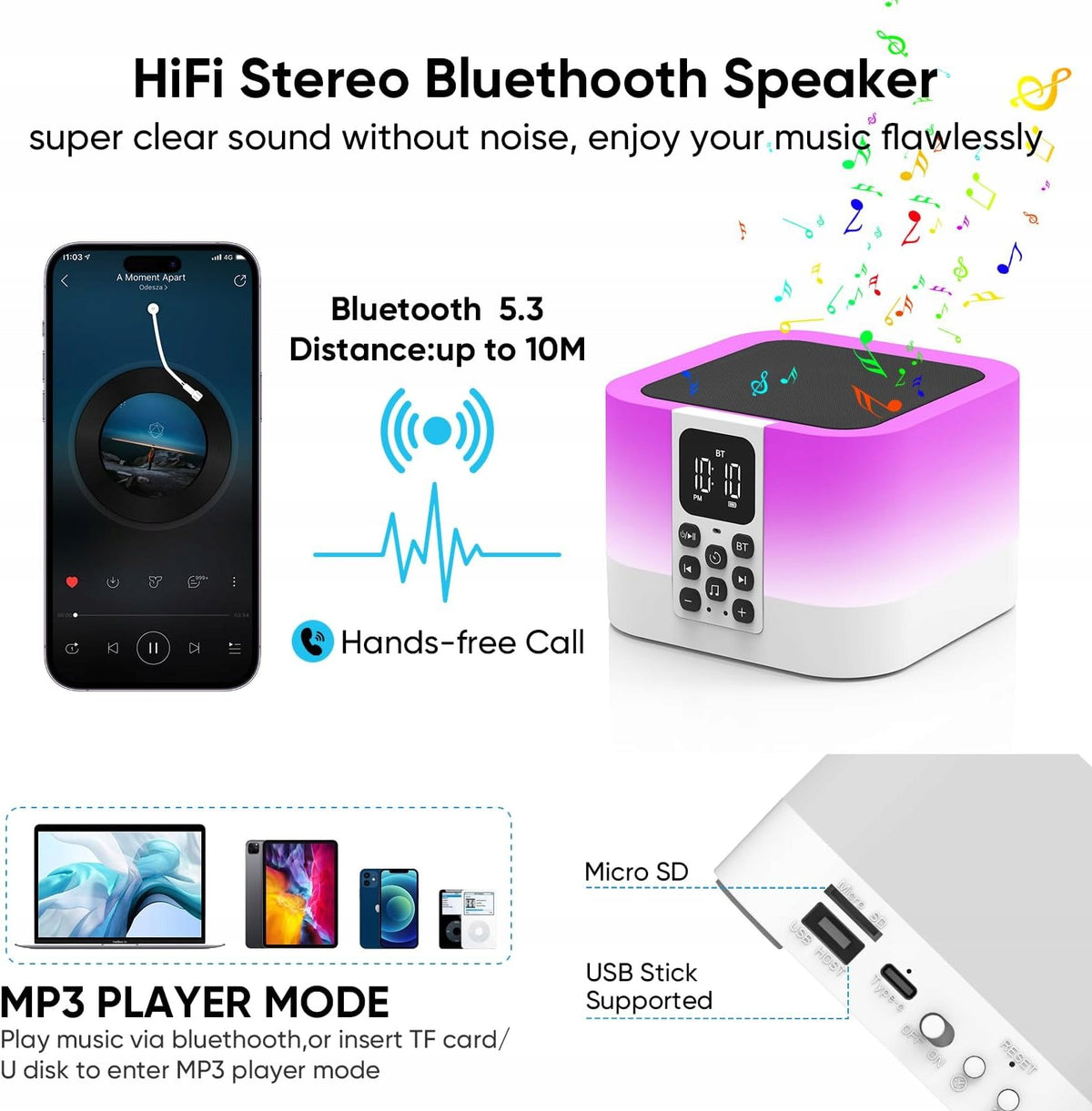 BLUETOOTH SPEAKER WITH LAMP 10.3CM ALARM CLOCK NOISE Night light Packaging status original