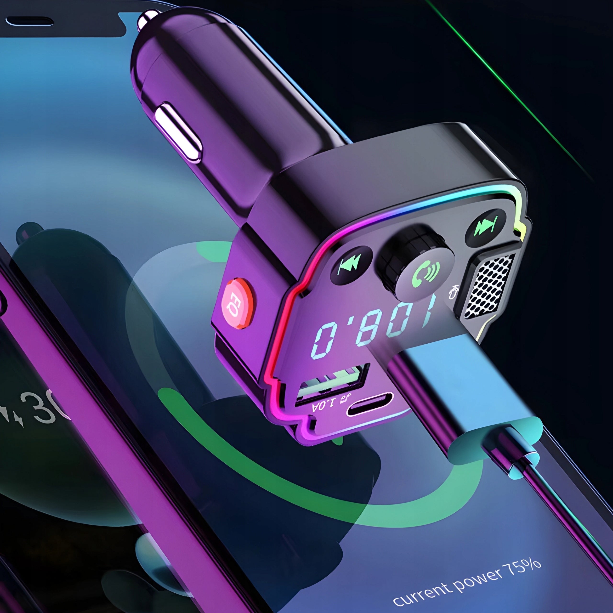 BLUETOOTH TRANSMITTER FM MP3 WITH FAST CHARGER 3X USB RGB QC 20W Packaging status original