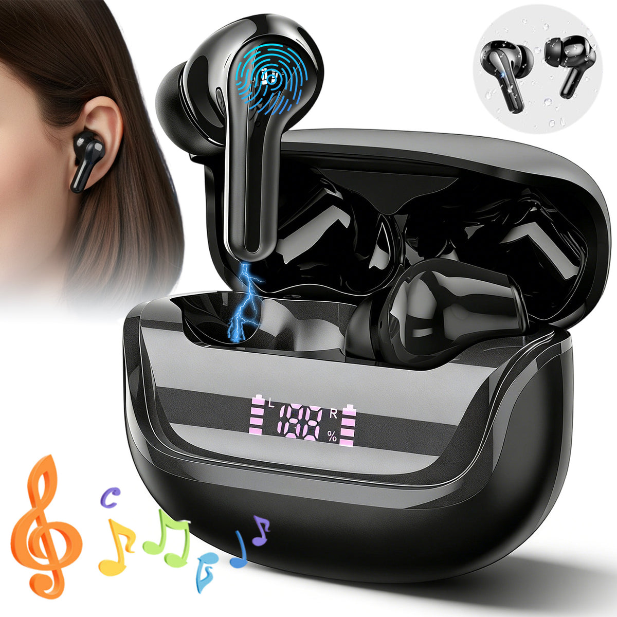 BLUETOOTH WIRELESS EARBUDS WATERPROOF BLACK BT5.4 LIGHT