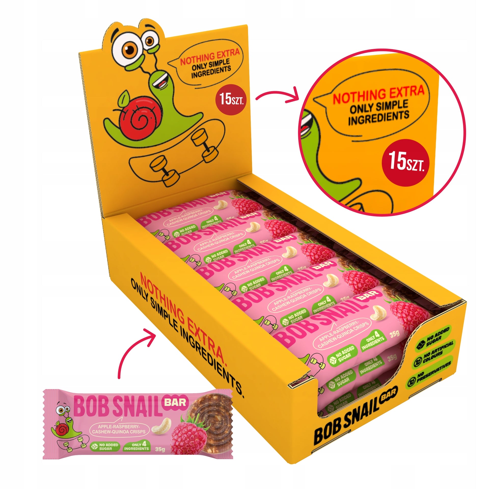 BOB SNAIL fruit and nut bar APPLE RASPBERRY CASHEWS without sugar 15x35 g