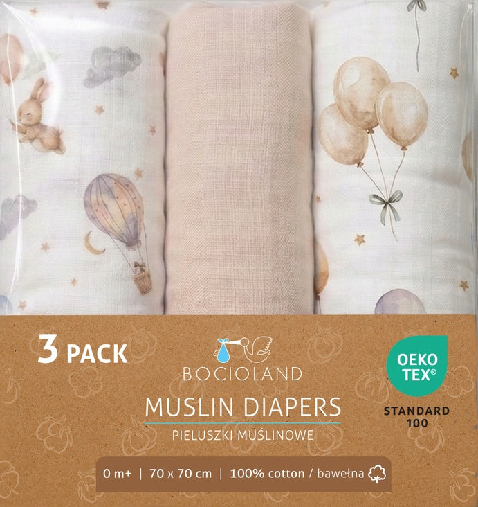 BOCIOLAND DIAPERS MUSLIN DIAPERS 100% COTTON 70x70 SWADDLE BL300 BEIGE