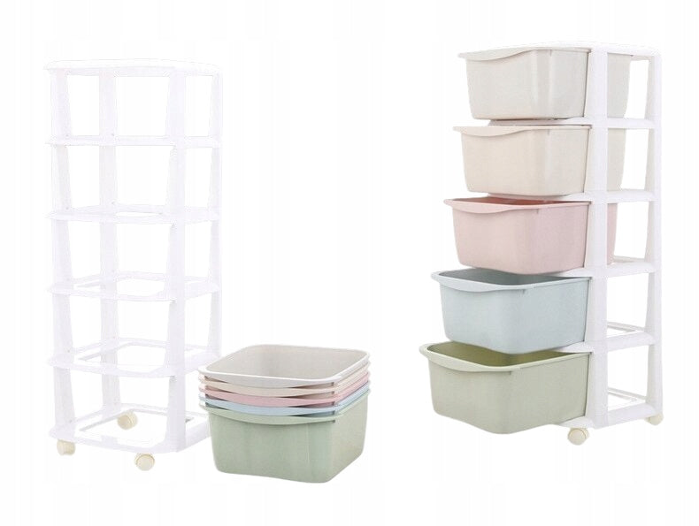 BOOKCASE CABINET ON WHEELS 5 DRAWERS PLASTIC TOY ORGANIZER BASKET Packaging status original