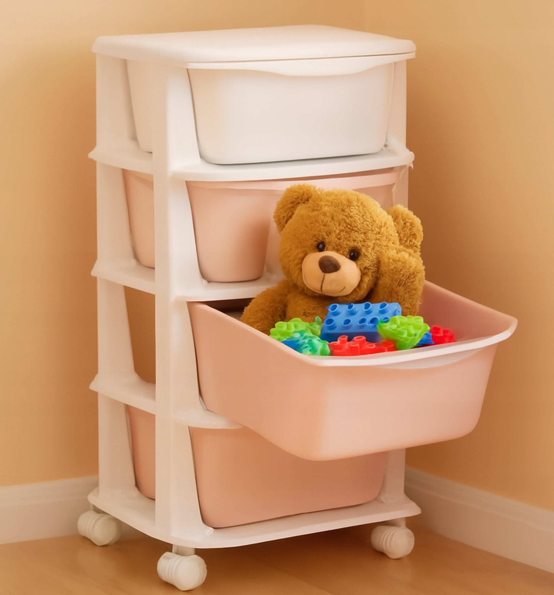 BOOKCASE TOY CABINET PLASTIC CONTAINER ON WHEELS 4 DRAWERS ORGANIZER Packaging status original