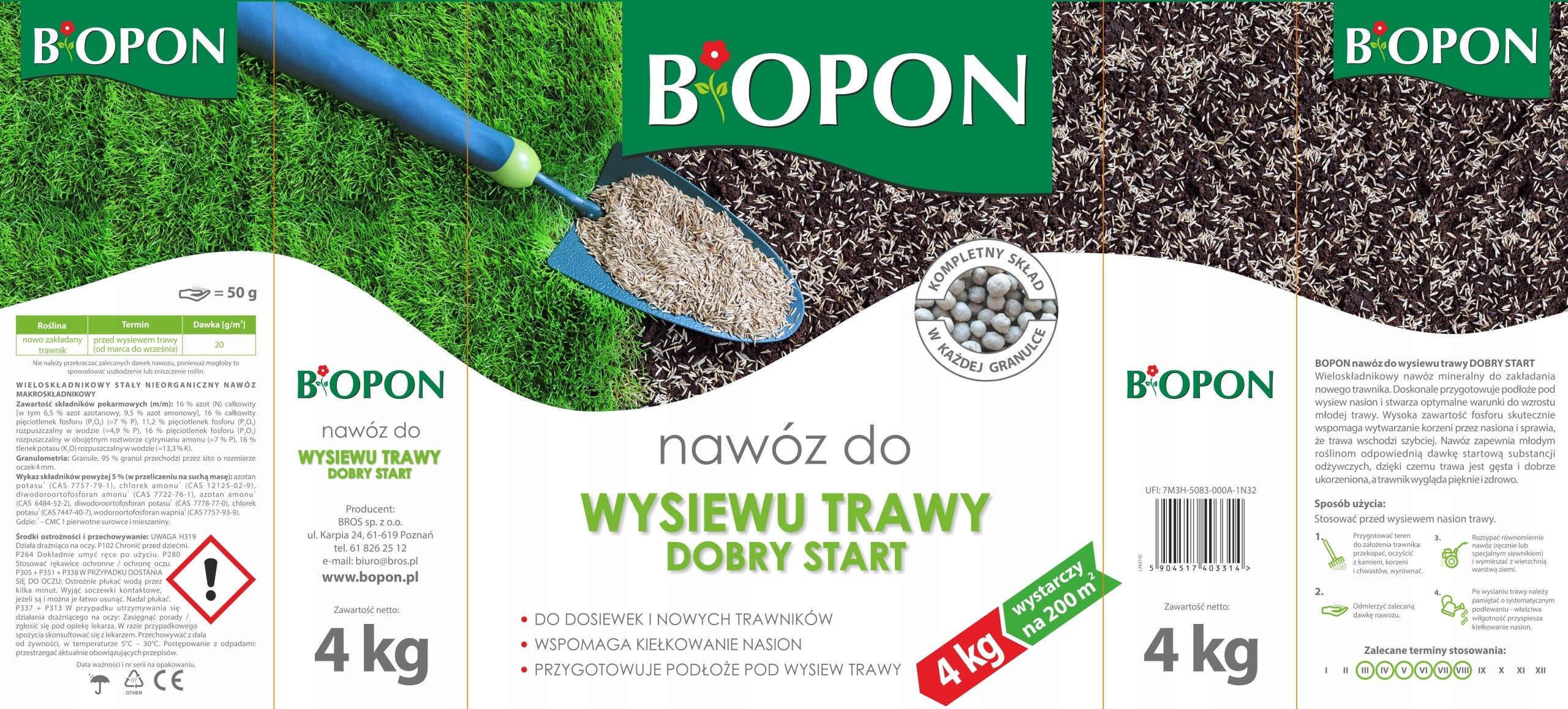 BOPON Granulated fertilizer for sowing grass, lawn GOOD START Biopon 4 kg Packaging status original