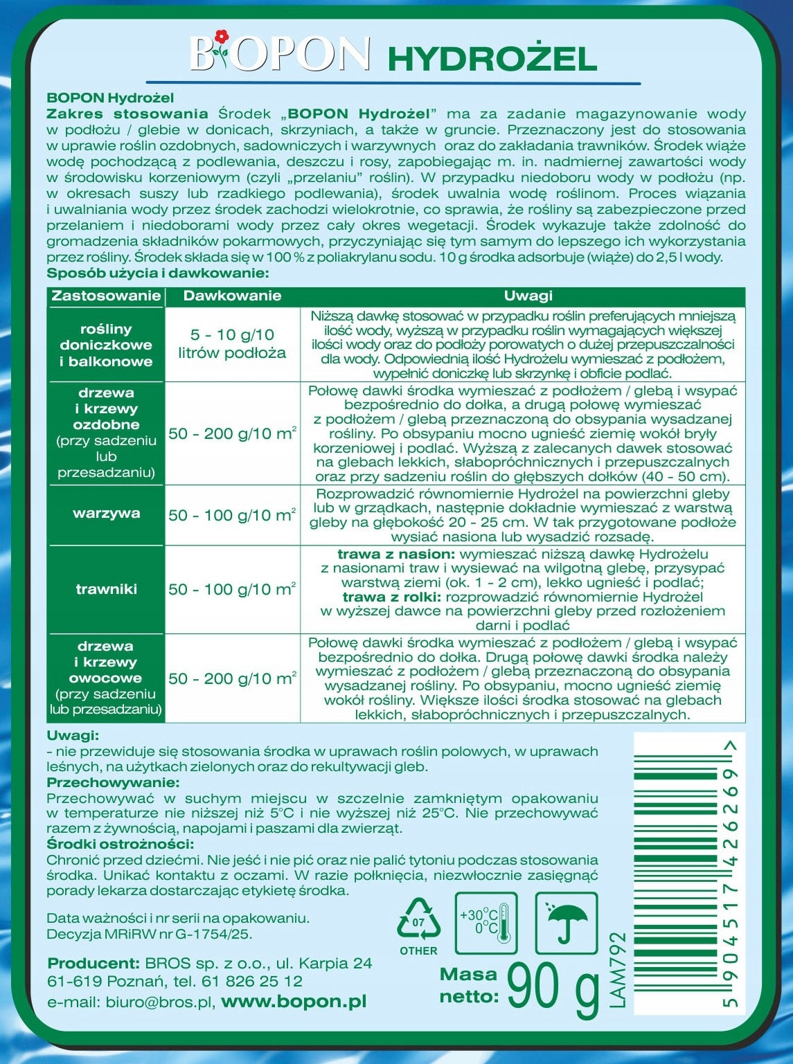 BOPON Hydrogel, stores water in the substrate, soil, Biopon 90 g Packaging status original