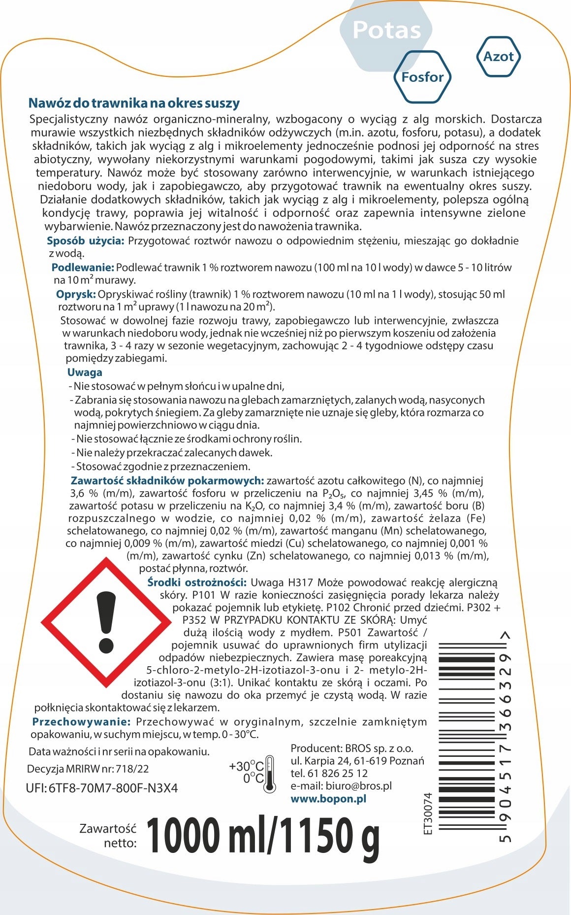 BOPON Lawn Fertilizer for Liquid Dried Period 1 L, Biopon Packaging status original