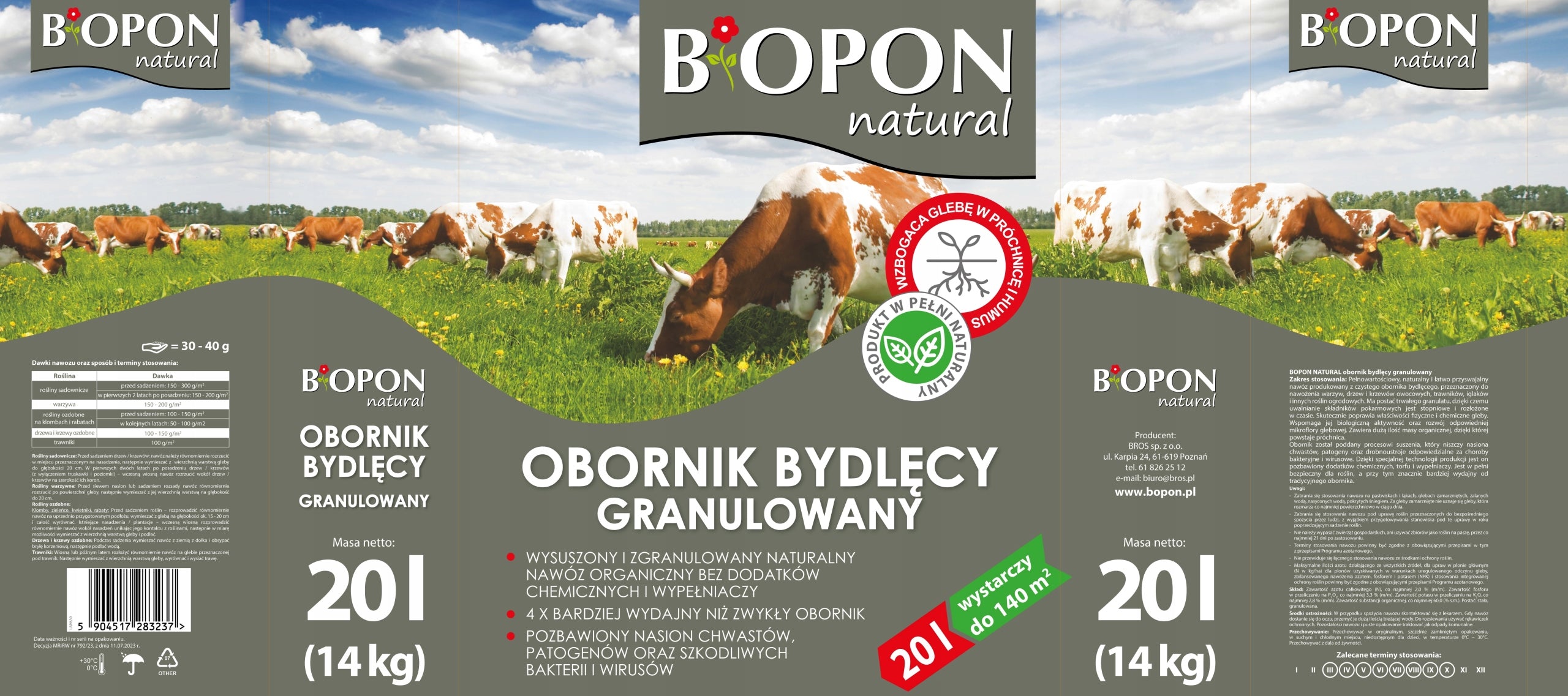 BOPON NATURAL BOVINE MANURE natural granular fertilizer Biopon 20L EAN (GTIN) 5904517283237