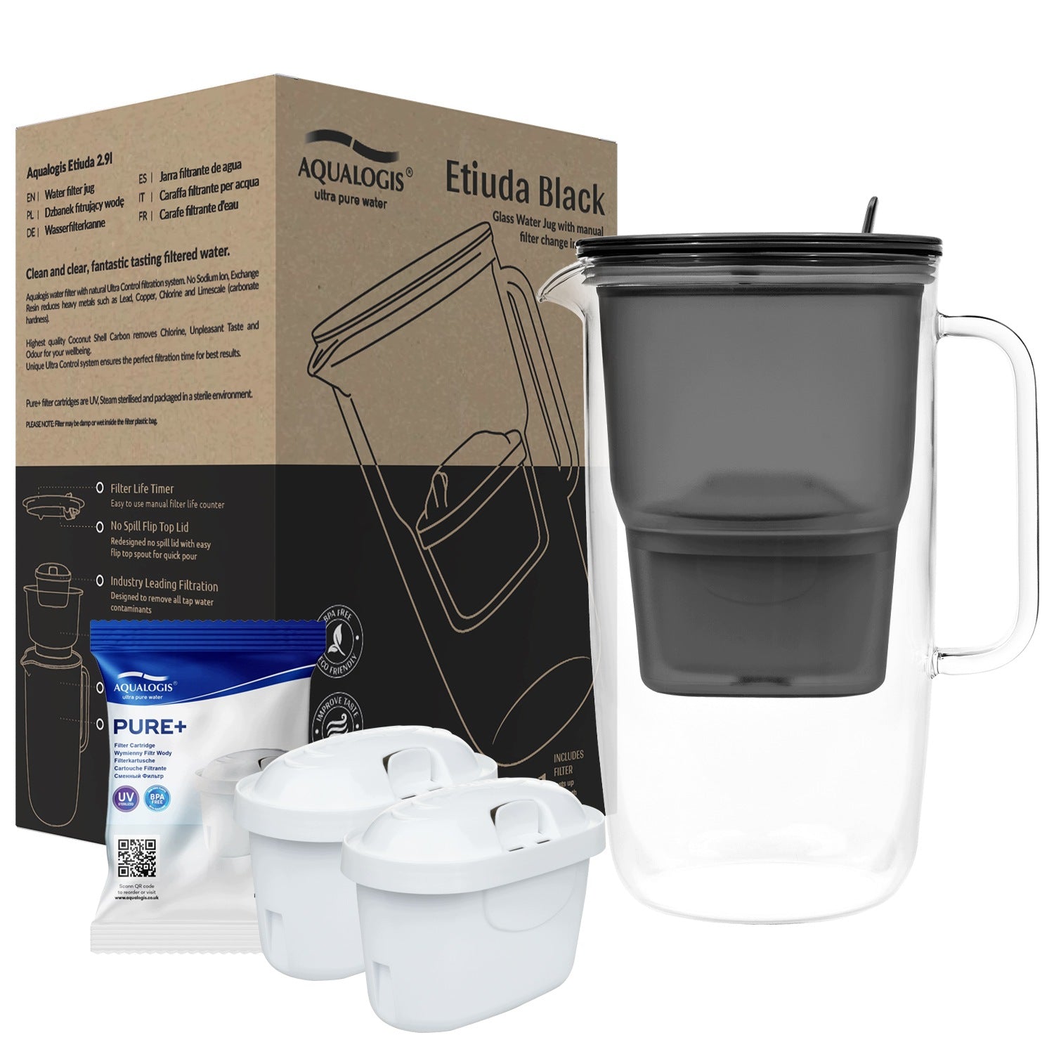 BOROSILICATE GLASS FILTER JUG ETIUDA BLACK + 2 Pure+ cartridges Packaging status original