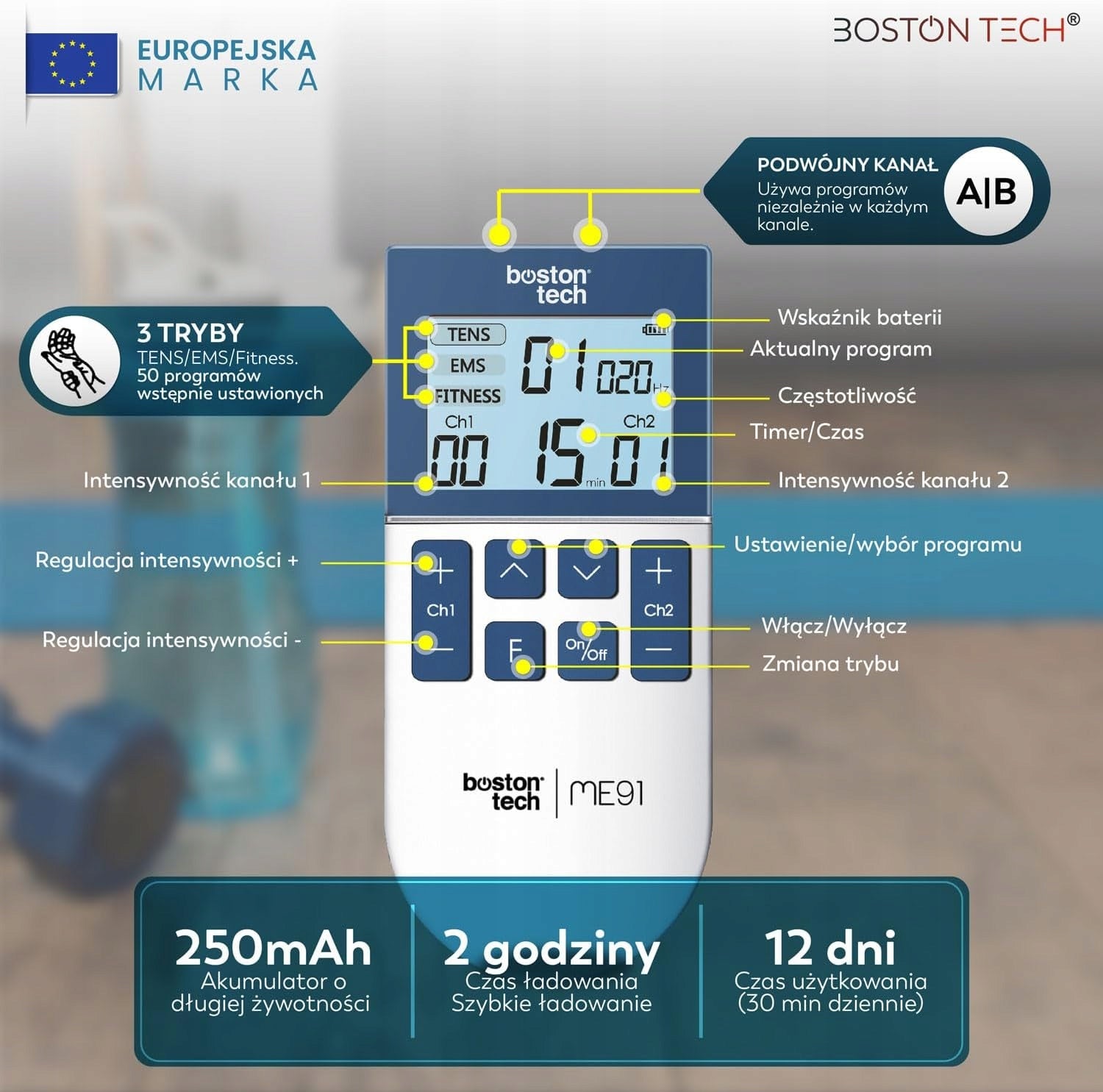 BOSTON TECH Pain Therapy Device Muscle Stimulator 3 in 1 Manufacturer code ME91