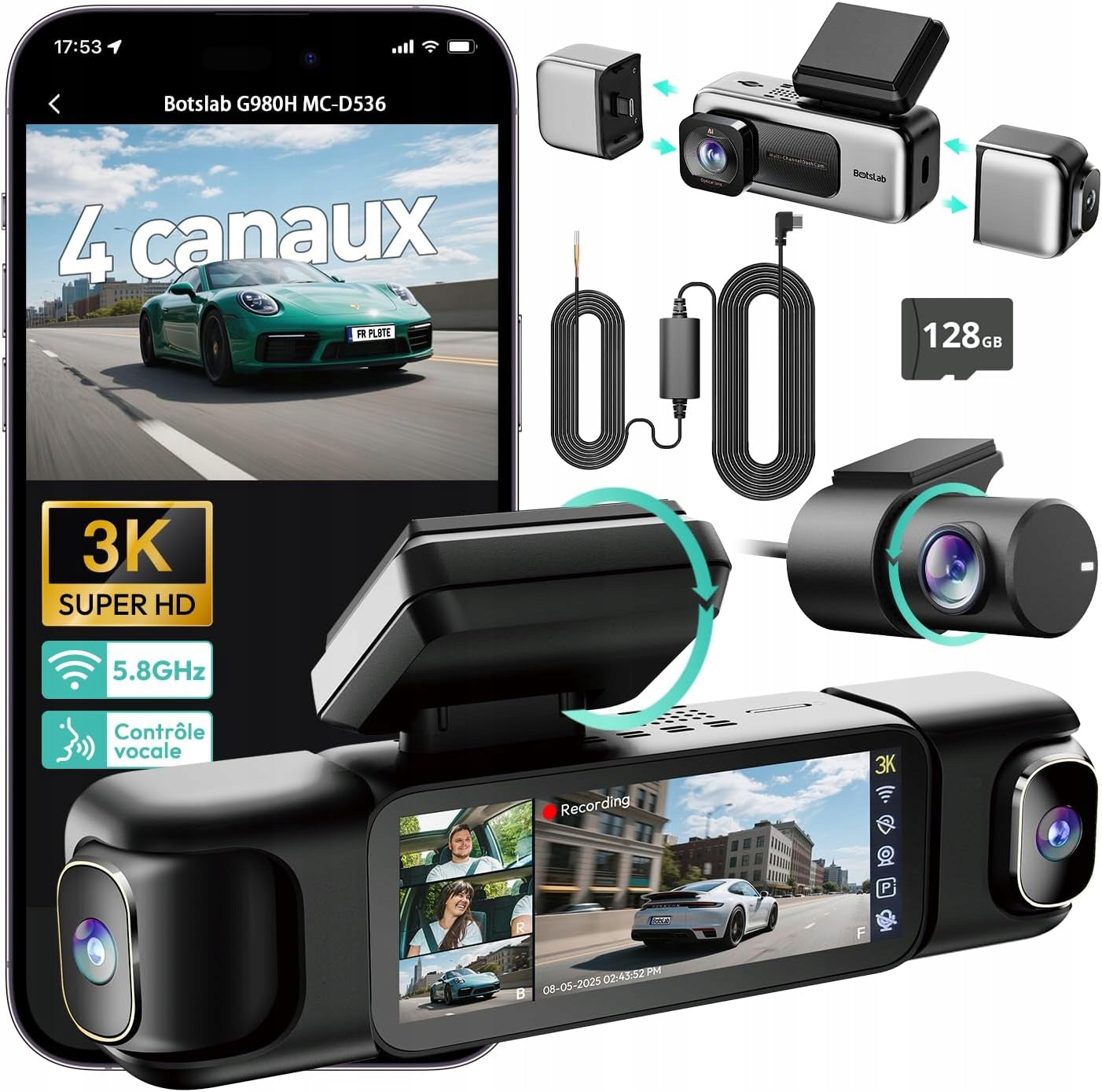 BOTSLAB 3K/4K Camera 4-Channel Wi-Fi 5,8GHz GPS 128GB Parking Mode 24h