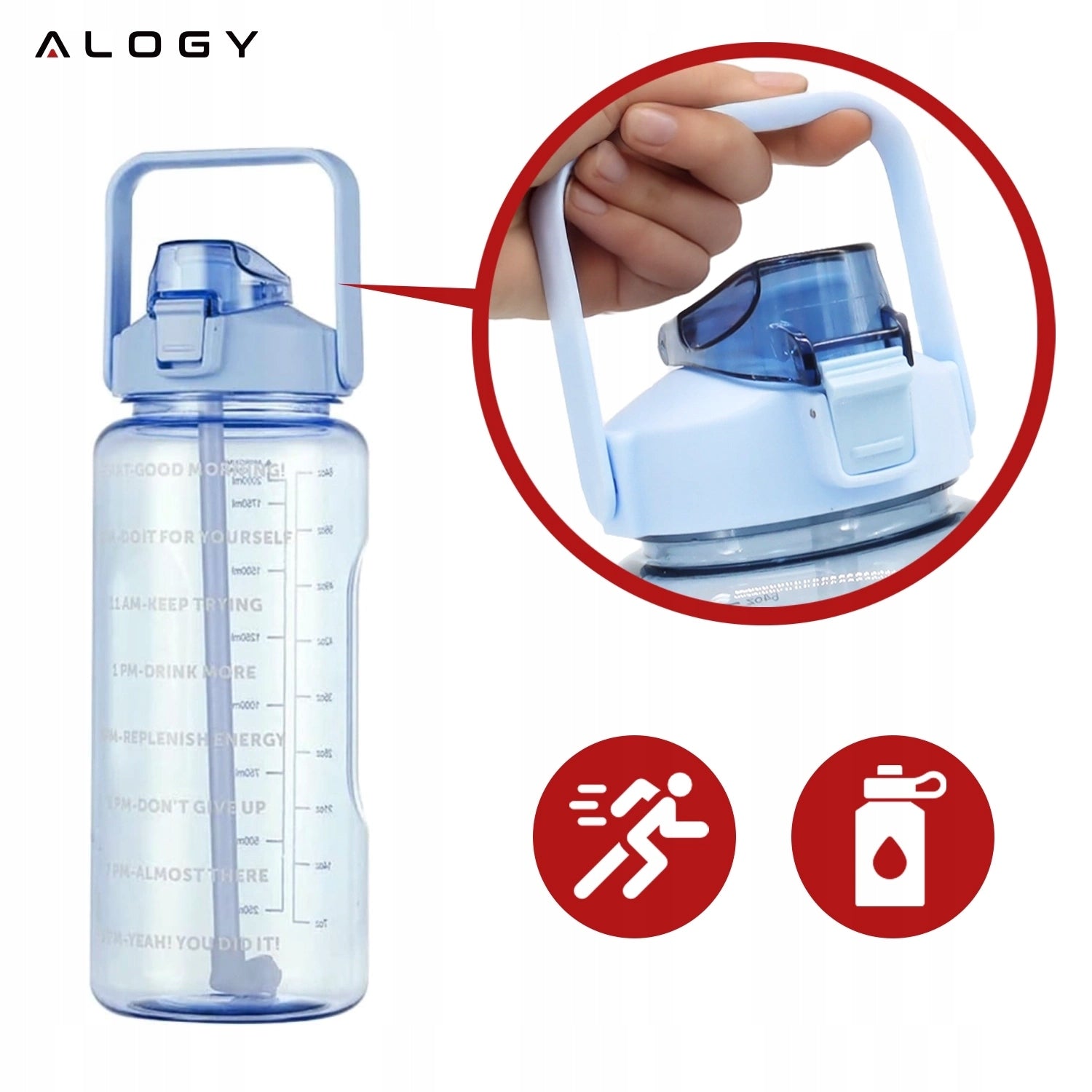 BOTTLE WATER BOTTLE WITH DRINKING STRAW 2L MOTIVATIONAL WITH REMINDER Additional features ergonomic shape straw handle water consumption indicator